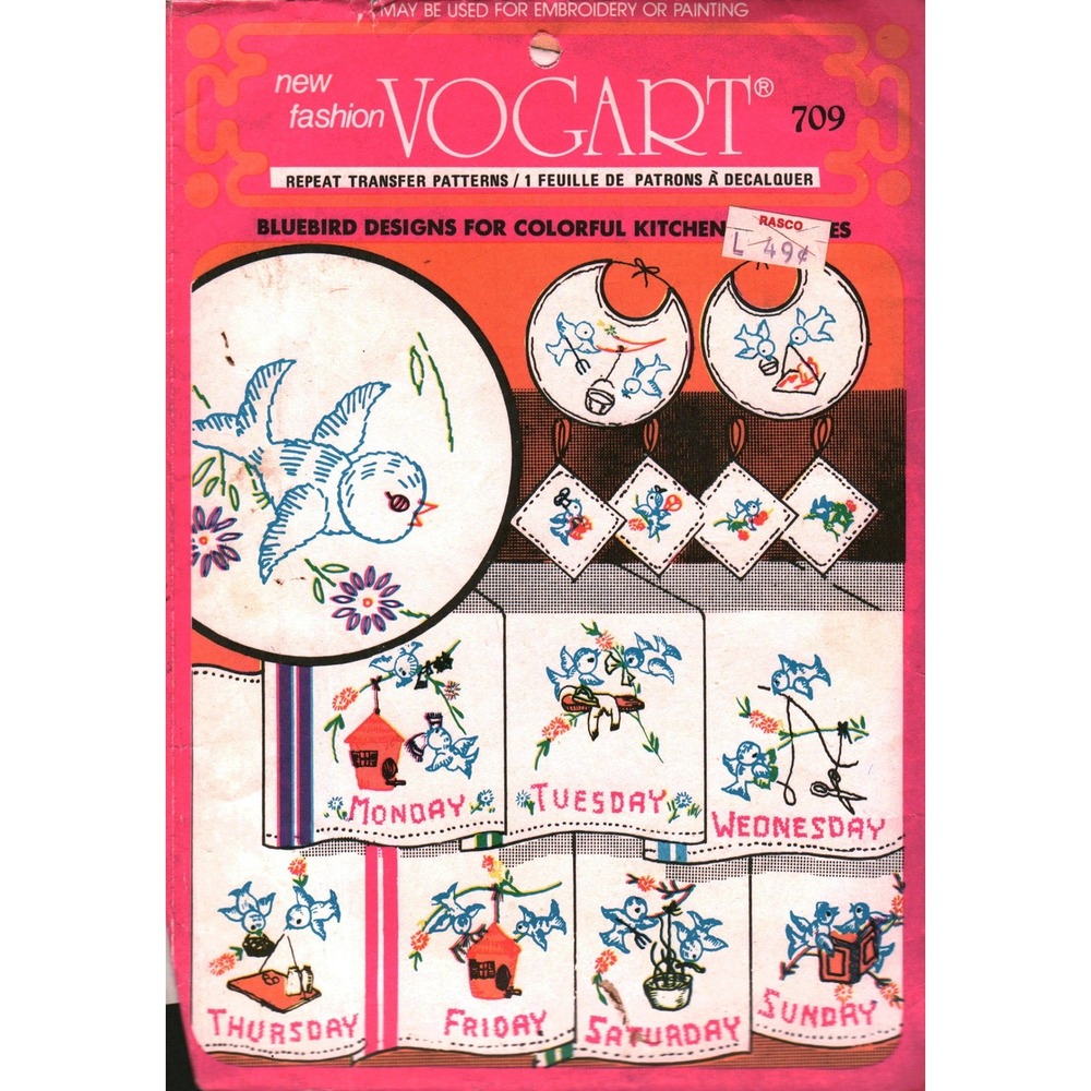 Vintage Vogart 709 Bluebird Days of the Week Embroidery Iron On Transfer Pattern